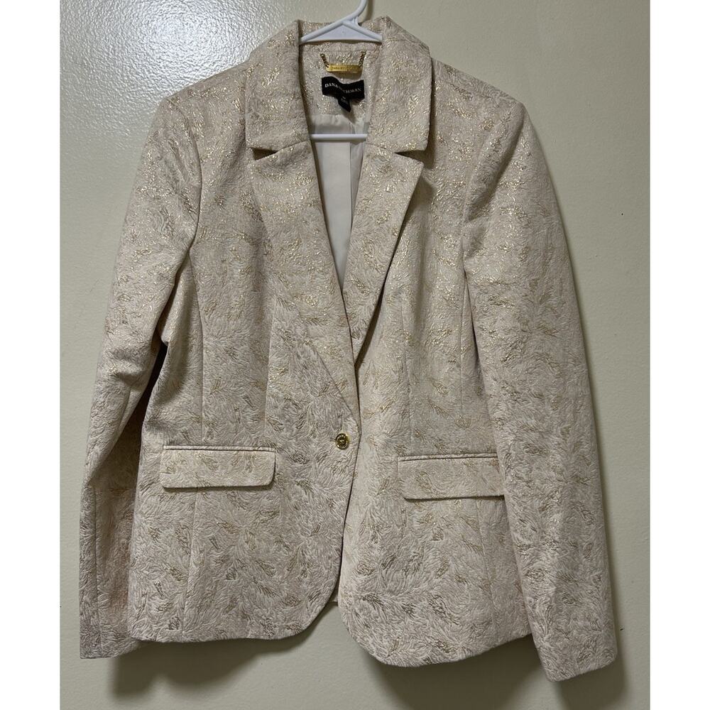 Dana Buchman Women's Blazer Jacket Cream Metallic Gold Jacquard-Size 12